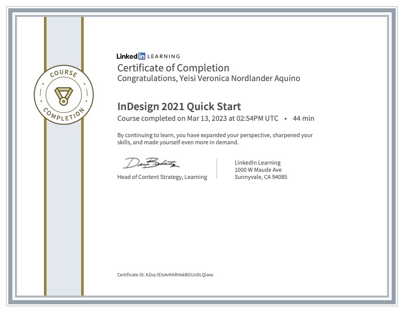 Linkedin Learning Certificate of Completion in course: InDesign 2021 Quick Start